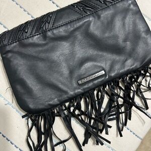BCBG Black Embossed Fringe Leather Zip Clutch